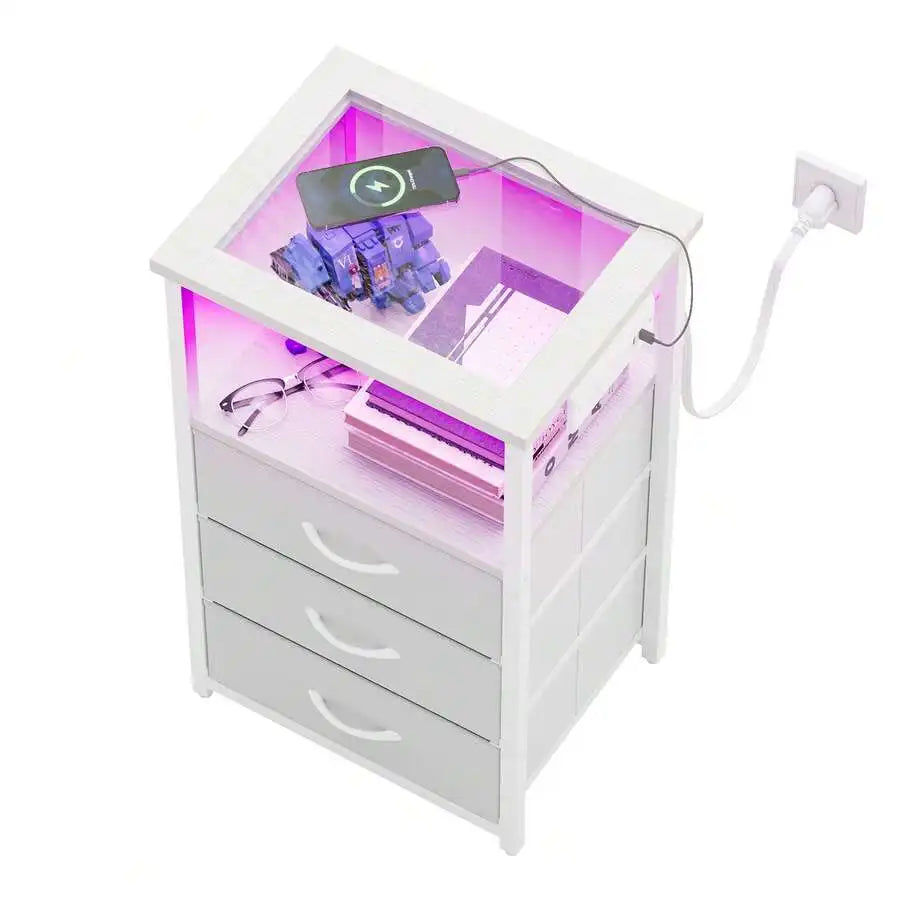 Tomnk Bedside Table With Charging Station, LED Nightstand With USB Ports And Outlets, 3 Fabric Storage Drawers With PU Finish, Bed Side Table For Bedroom, Living Room, White/Black