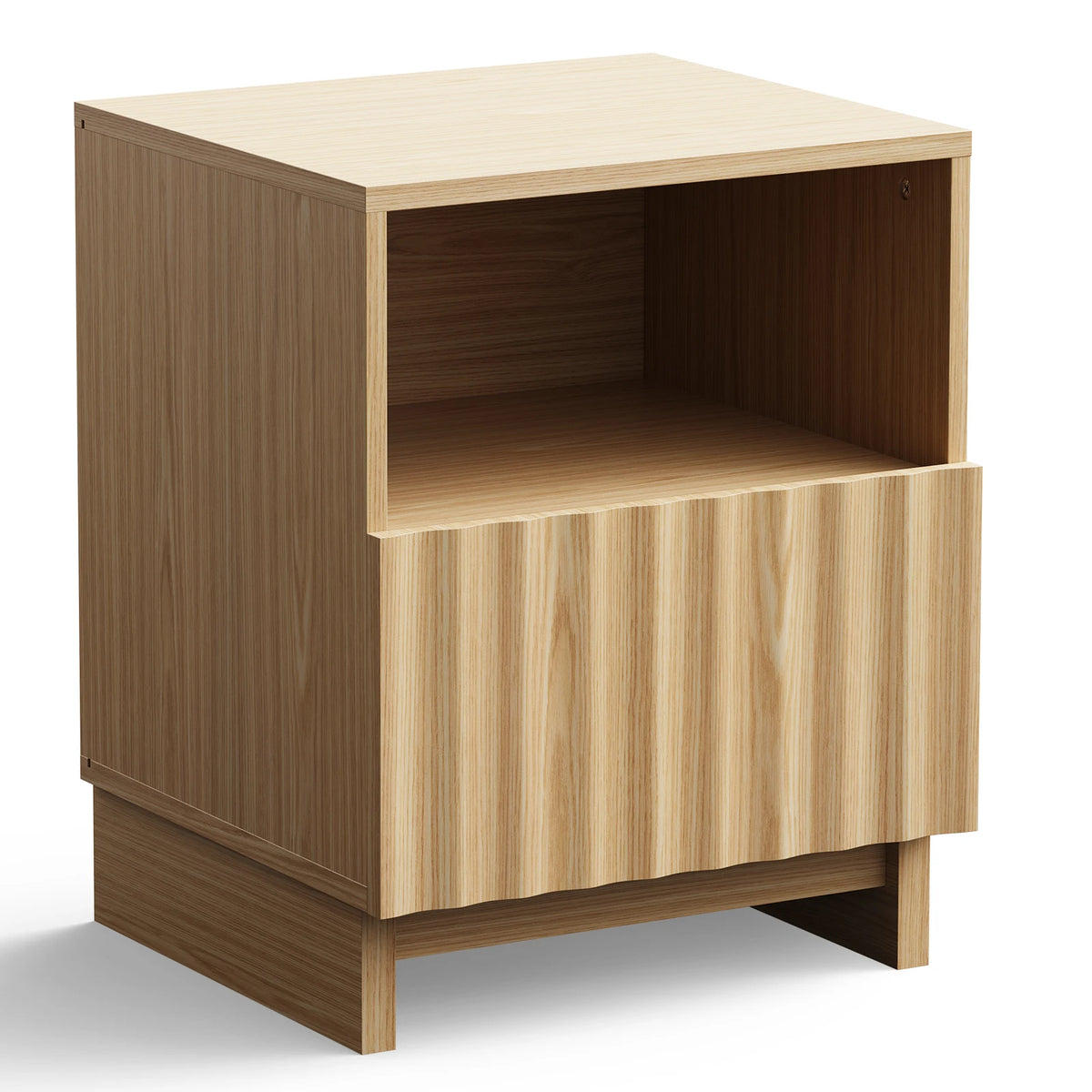 Fluted Nightstand, 17.7 inch Modern Wood Bedside Table With Storage Drawers & Open Shelf, Mid-Century Small Coffee Tea Sofa Side Table, End Table Storage Cabinet For Bedroom, Living Room