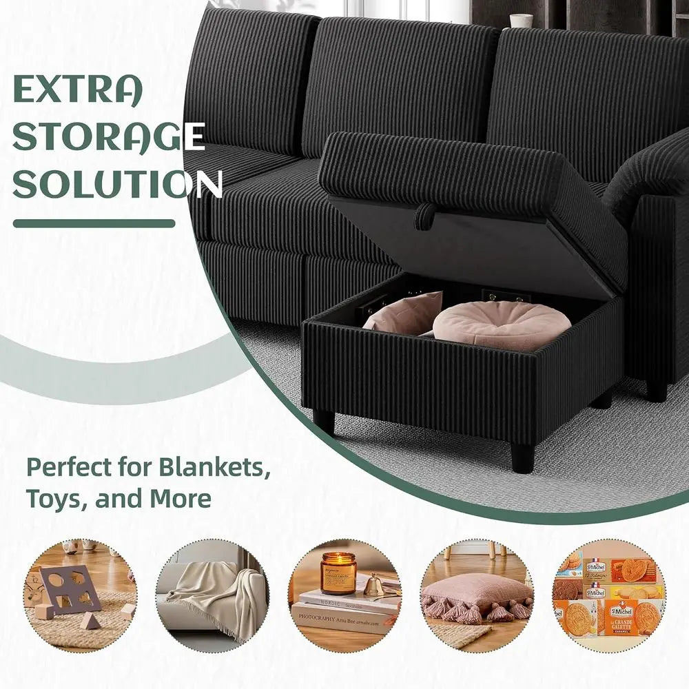 79" Convertible Sectional Couch Sofa with Storage Ottoman, 3 Seat L Shaped Couch with Side Storage