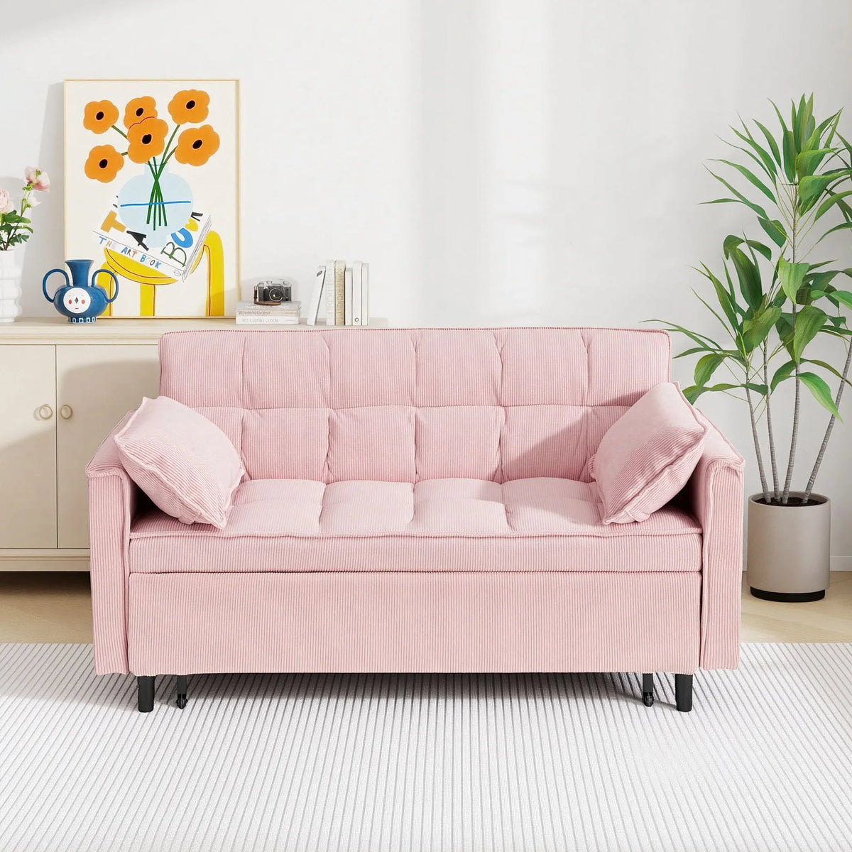 55.1" Corduroy Convertible Sleeper Sofa Bed, Pull Out 2-Seater Loveseat Couch with Side Storage Pocket & Throw Pillows, Compact Upholstered Sofa for Small Apartment Living Room Bedroom
