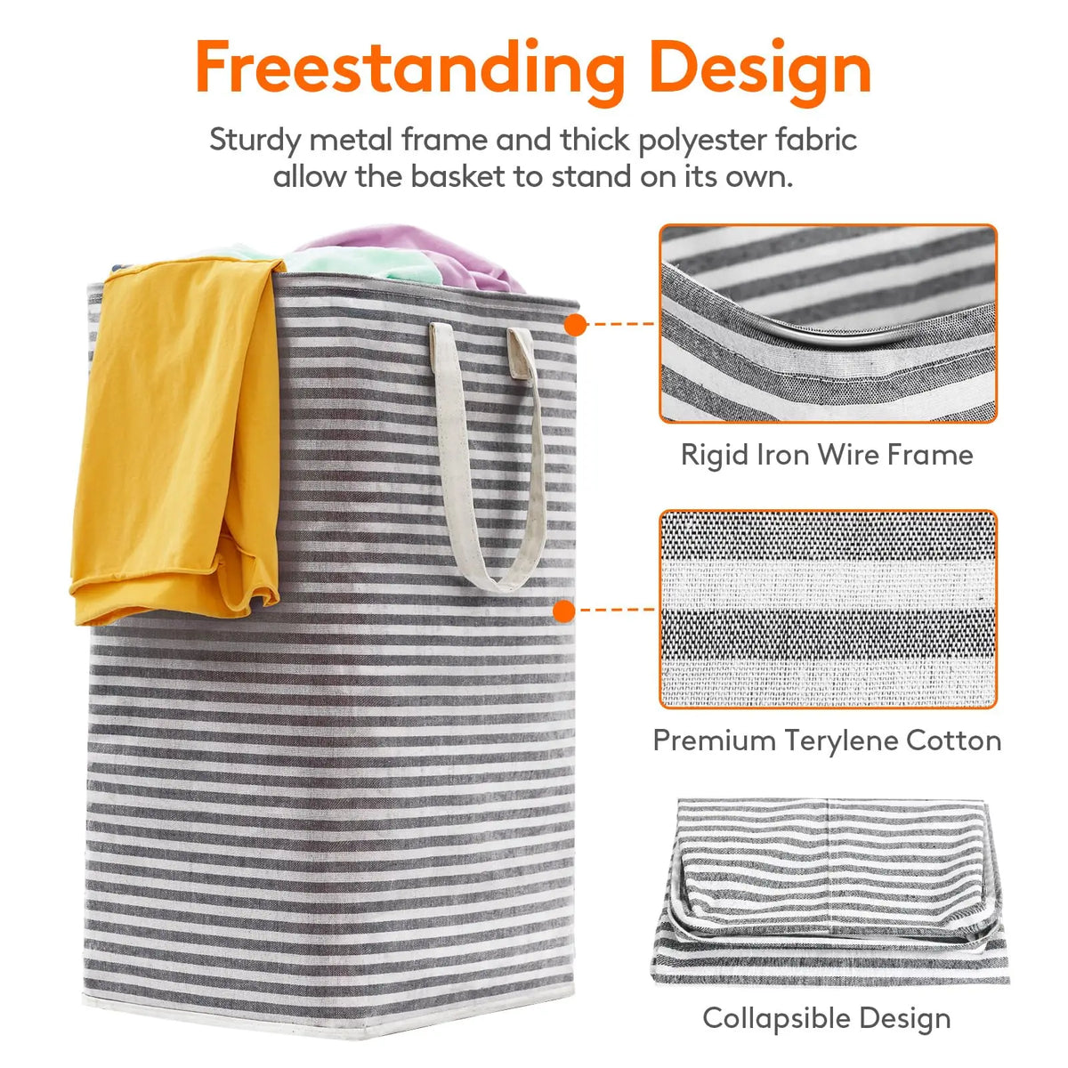 80L Large Laundry Baskets, 2 Pack, Reinforced Handles, Grey Collapsible Laundry Hamper, Dirty Clothes Hamper, Waterproof Freestanding Design for Dorm, Laundry Room, Bedroom, Bathroom