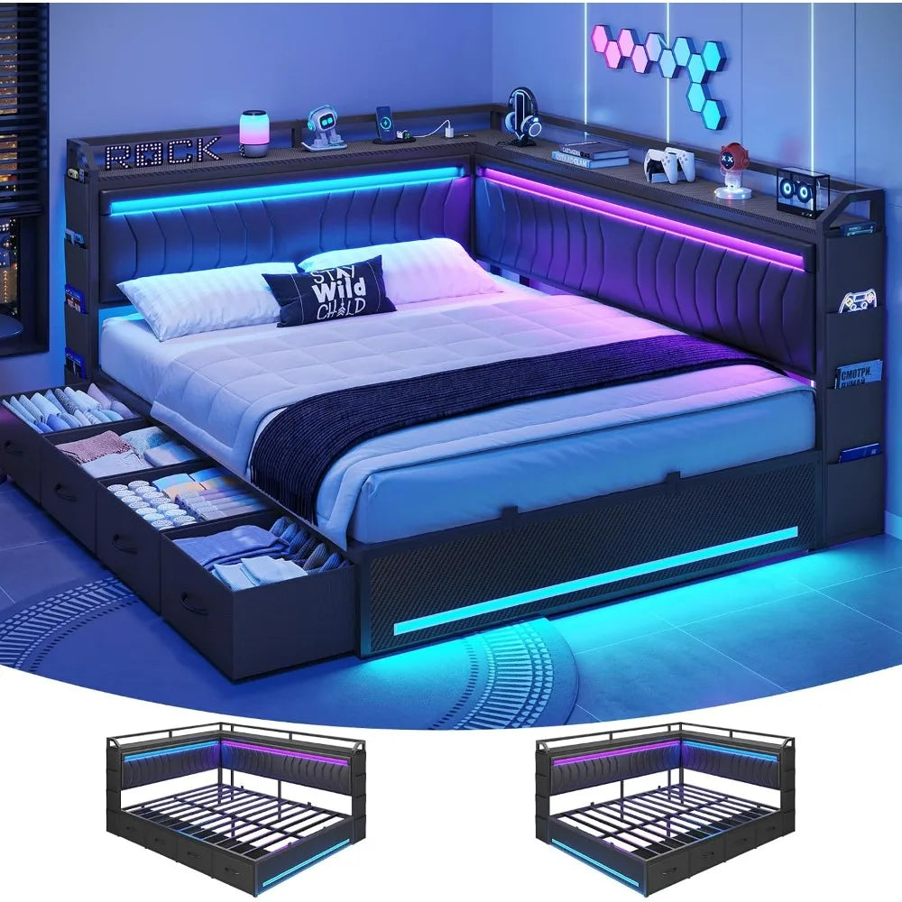 Queen Corner Bed Frame with 4 Storage Drawers,Open Shelves,Charging Station Gaming Bed with LED Lights,Esports-Style Queen