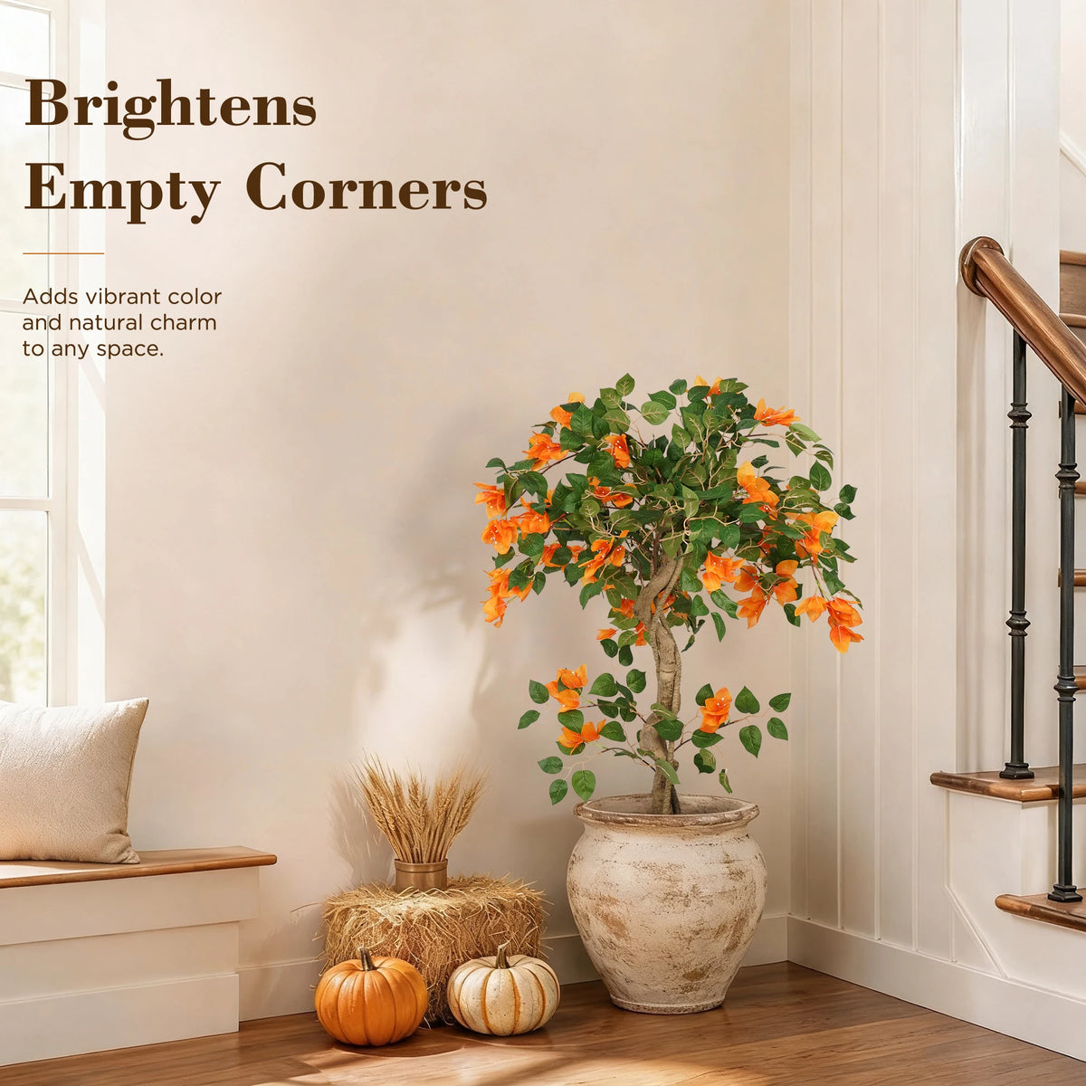 3/4/5FT Artificial Bougainvillea Tree, Orange Faux Bougainvillea Plant with Lush Green Leaves, Realistic Full Blooms Potted Fake Flower Tree for Home Living Room Patio Porch Office Decor
