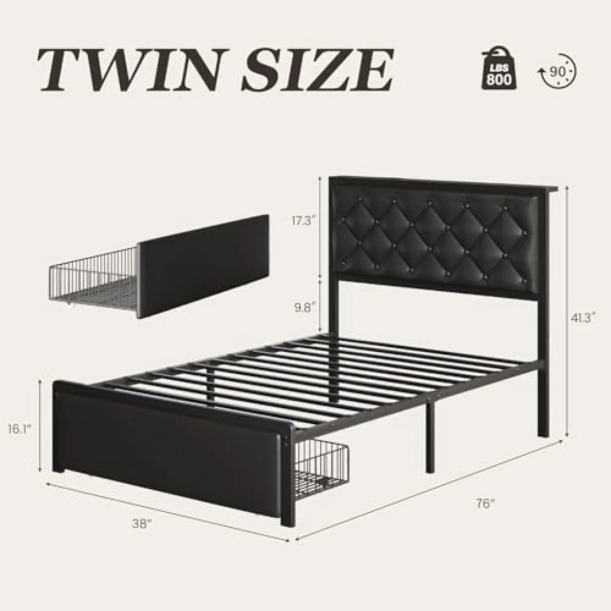 Twin Upholstered Button Tufted Bed Frame with Storage Drawer and Charging Station for Bedroom
