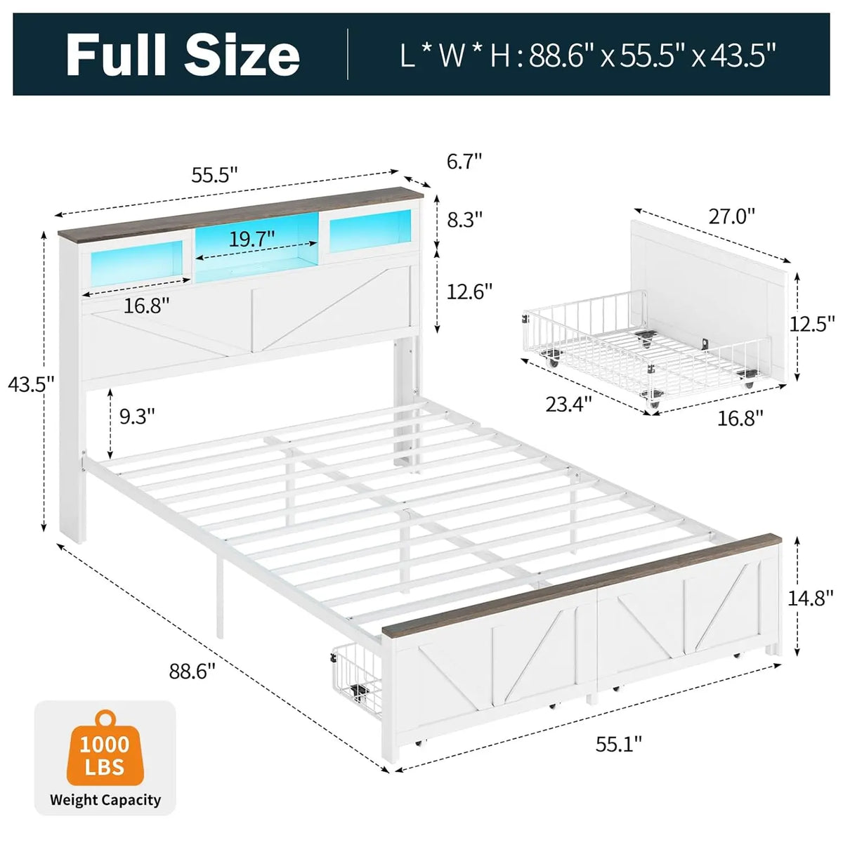 Full Size Bed Frame with Headboard, Full Bed Frame with Charging Station, LED Beds with 2 Storage Drawers, Wood Farmhouse Bedframe