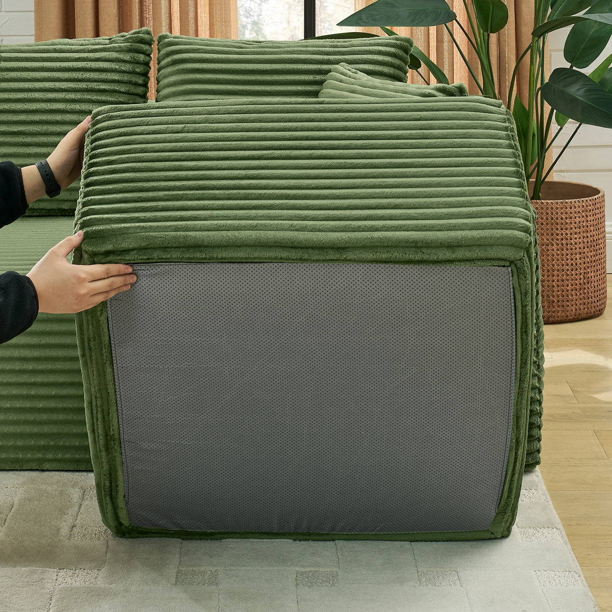 115" Comfy U-Shaped Sectional Couch, Modern Corduroy Sofa with Chaise and Ottoman, No-Tool Assembly Free Modular Cloud Sofa for Living Room Apartment, Green