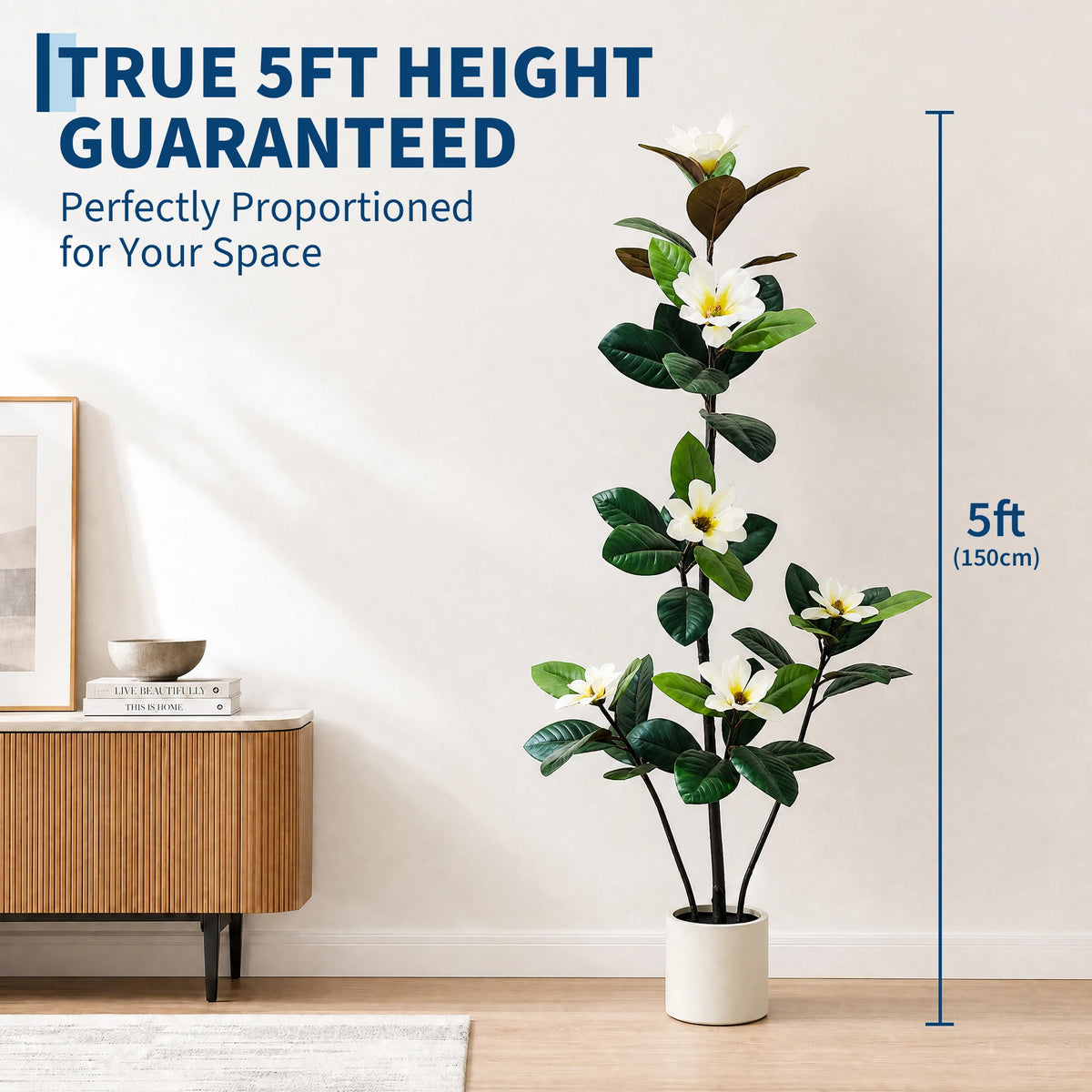 5ft/6ft Artificial Magnolia Tree with White Flowers, Faux Magnolia Plant with Lifelike Green Leaves in White Pot, Fake Flower Tree for Living Room, Entryway, Home Indoor Decor