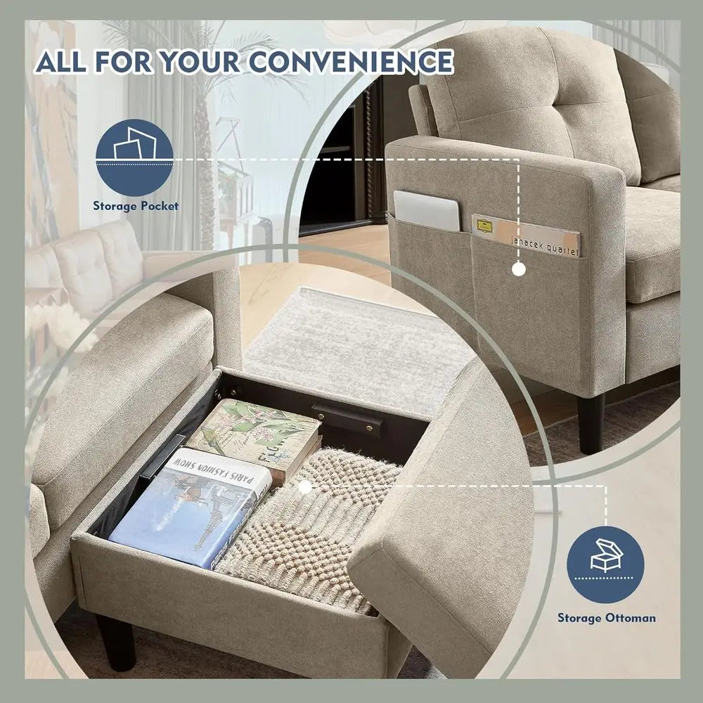 79" Convertible Sectional Sofa, Small L Shaped 3 Seat Couch with Storage Chaise and Side Pocket, Linen Fabric Reversible Sofa