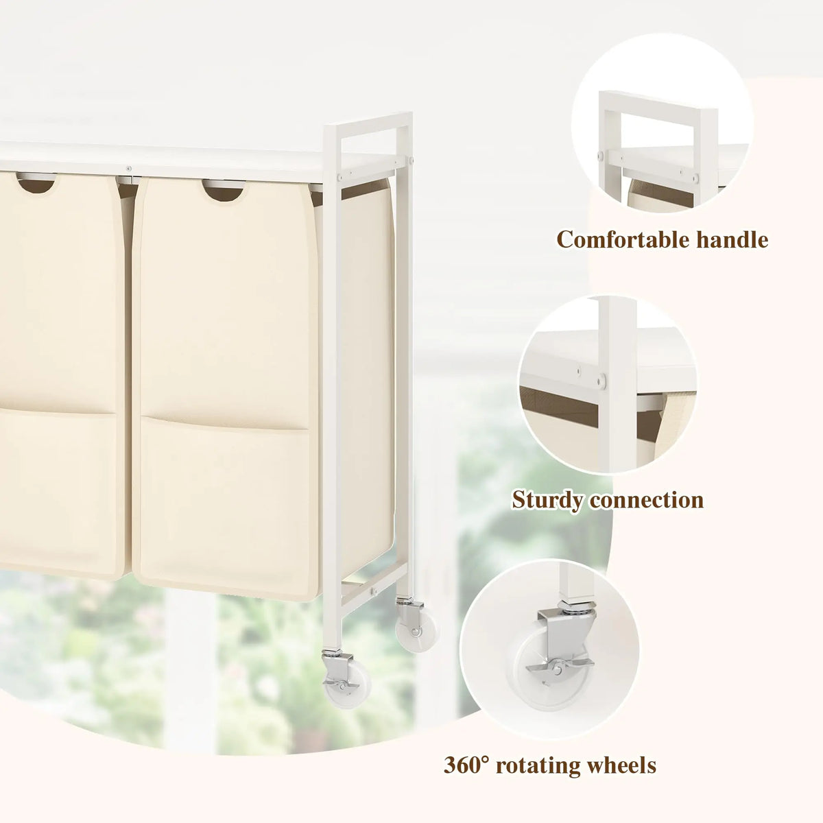 3 Compartment Laundry Sorter Cart with Tabletop, Rolling Laundry Hamper with Wheels, Metal Frame Clothes Sorting Basket for Bathroom Laundry Room