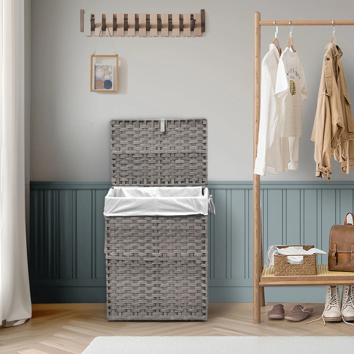 90L Laundry Basket with Lid Foldable Wicker Laundry Hampers with Side Handles Removable Liner Rattan Laundry Basket with Sturdy Steel Frame