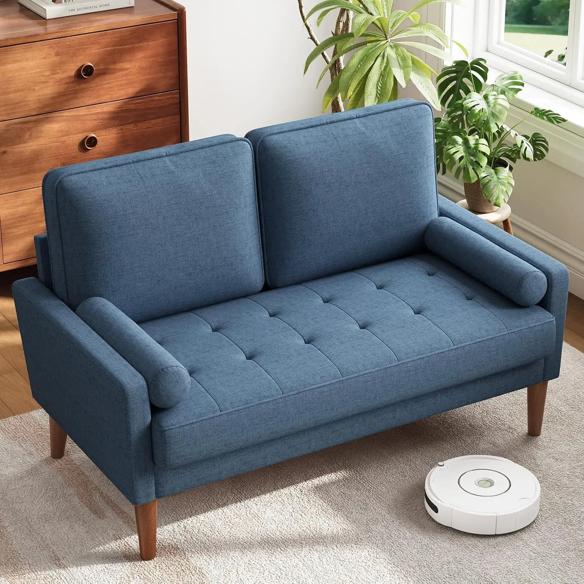 48 Inch Loveseat Sofa - Solid Wood Legs Mid Century Modern Easy Assembly Couch Throw Pillow for Apartment