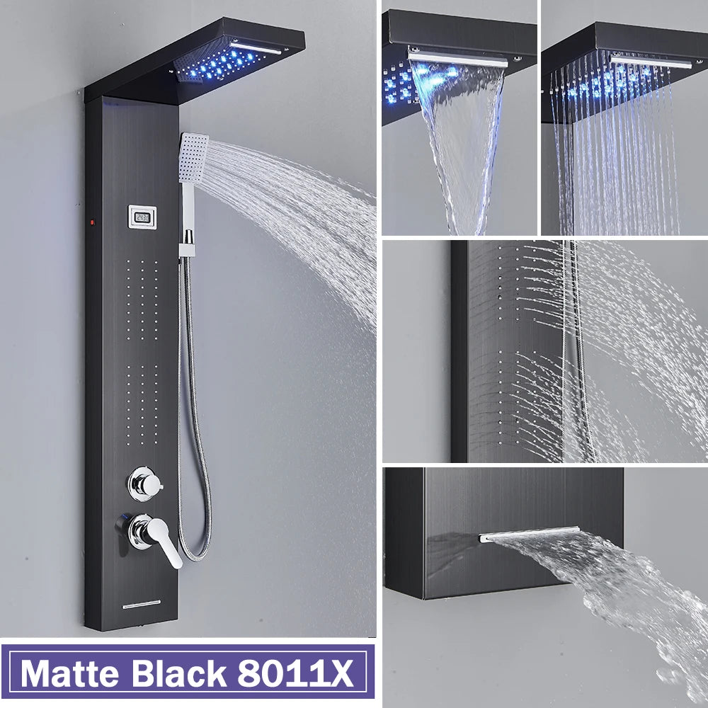 Black Shower Column LED Rainfall Bathroom Faucet with Massage Jet Bath Panel System  5 Modes Waterfall Hot Cold Mixer Tap