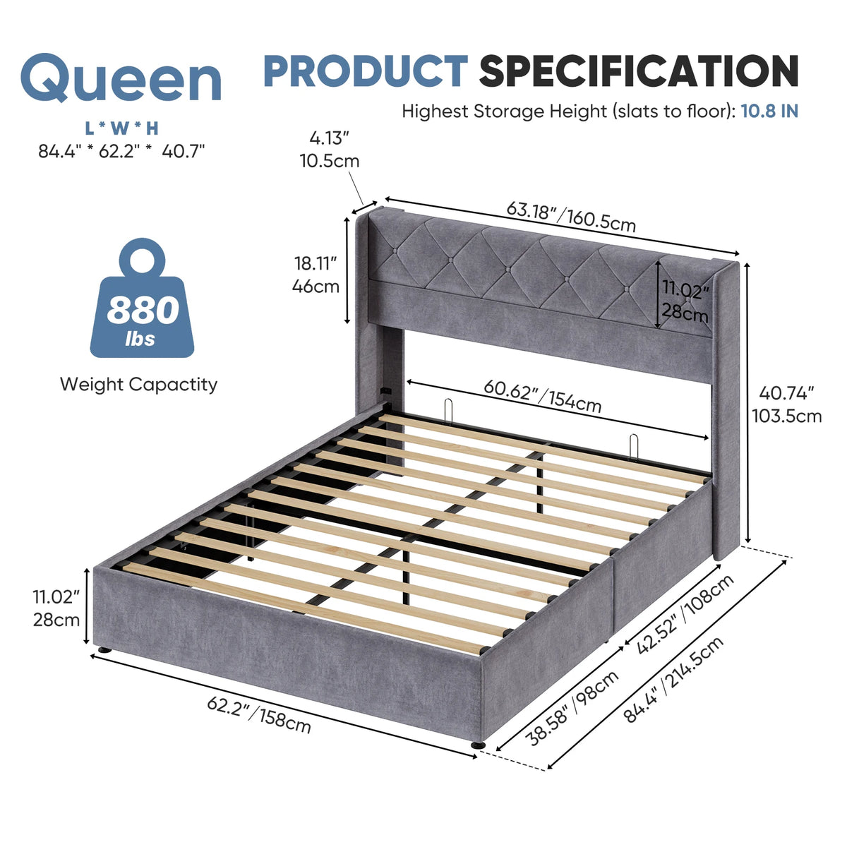 Lift Up Storage Bed Modern Upholstered Platform Bed Frame with Wingback Headboard Hydraulic Lift Storage No Box Spring Needed Easy Assembly For Bedroom