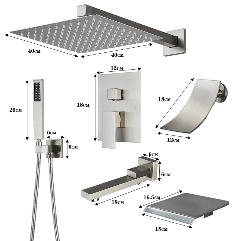 Brushed Nickel Concealed Shower Faucet Set Embedded Cartridge Faucet Rainfall Shower Head Rotate/Waterfall Bath Spout Mixer Tap
