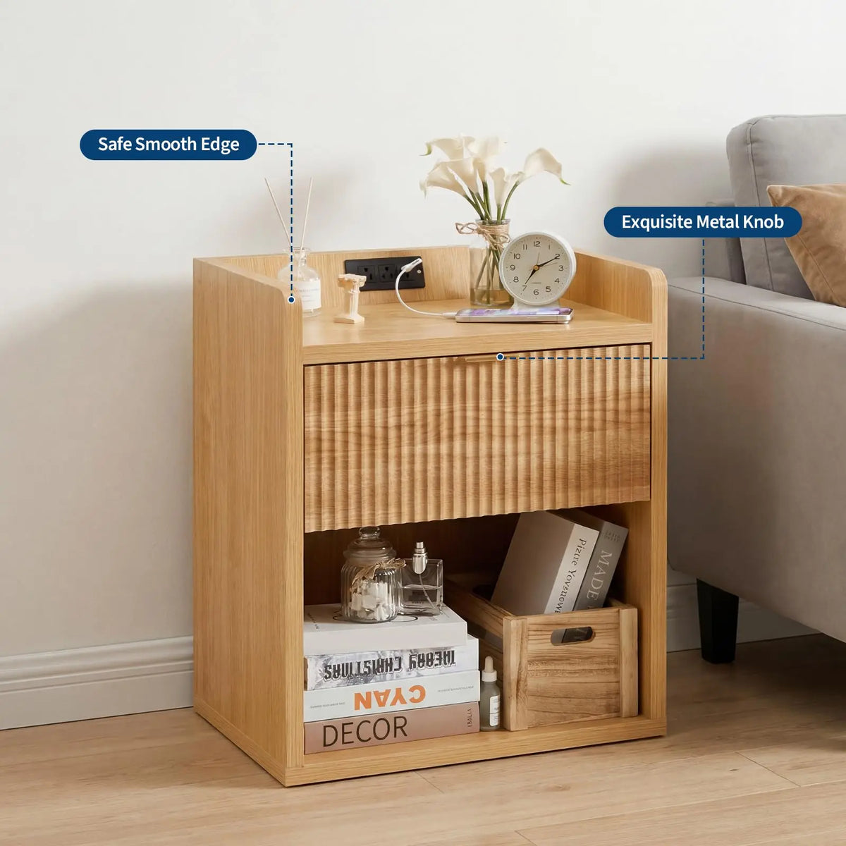 Set Of 2 Fluted Nightstands With Charging Station, 22.83in Wood Bedside Tables With Drawer & Shelf, Oak End Tables Bedroom