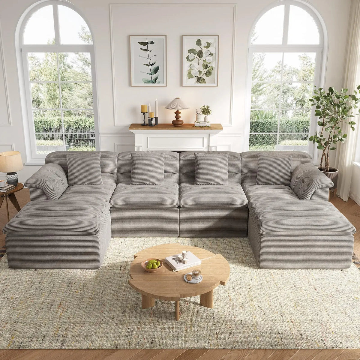 142" Modular Cloud Sectional Couch with Ottoman Modern Upholstered Compressed Sofa Deep Seat, Comfy U-Shape Corduroy Couches