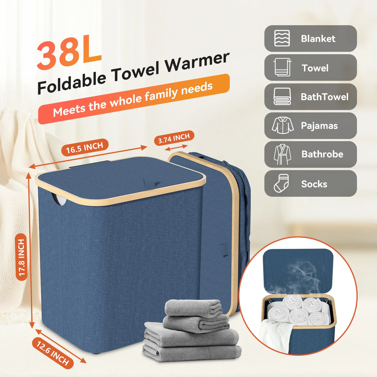 38L Foldable Towel Warmer 2-in-1, 5-Sided Fast Heating Towel Heater Basket with 20/40/60min Timer, Removable Heating Liner, Overheat Protection for Bathroom Laundry Room