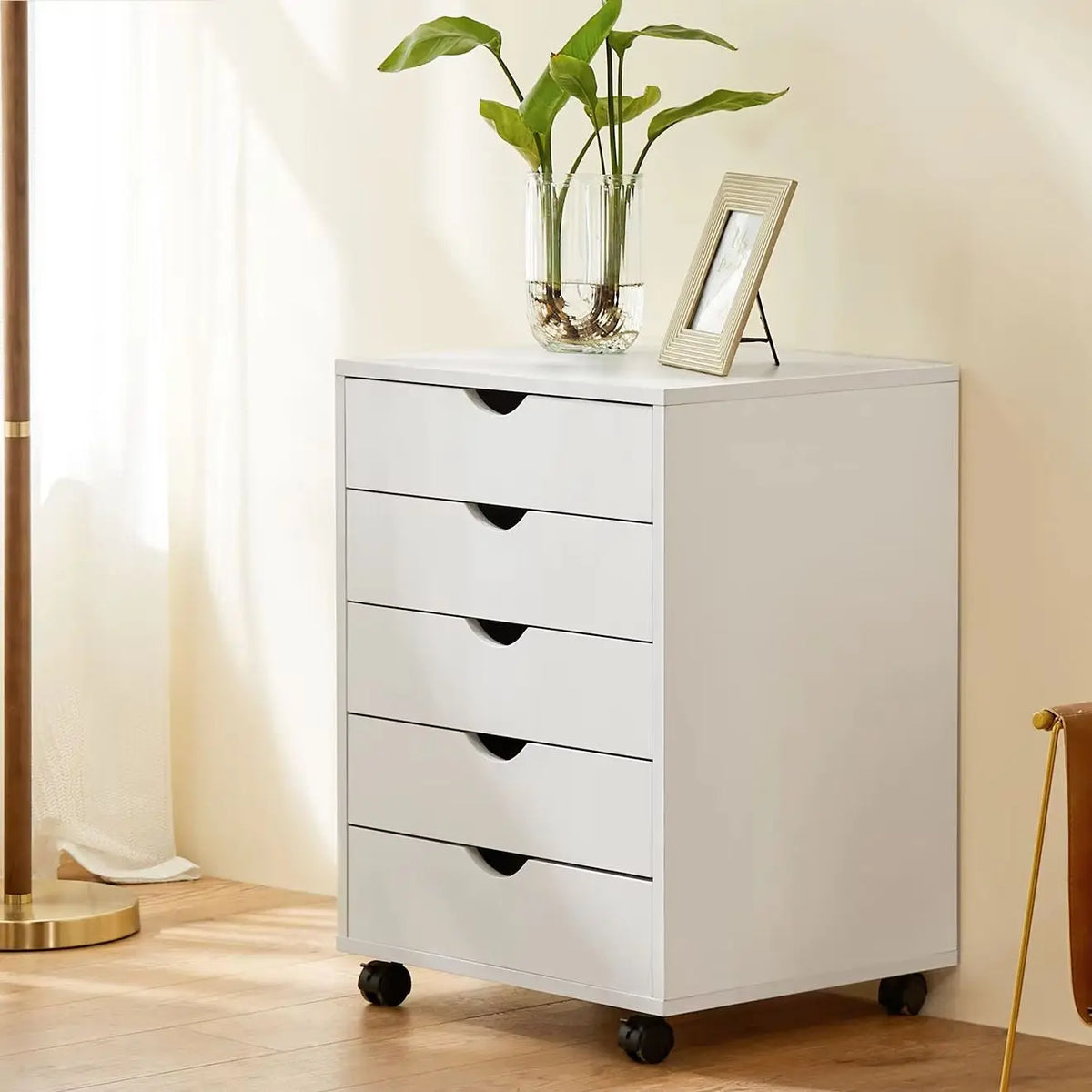 Wood Nightstand Cabinet 5 Drawers Waterproof Surface Storage Organizer File Office Easy To Move Bedside Table Rotating Wheel