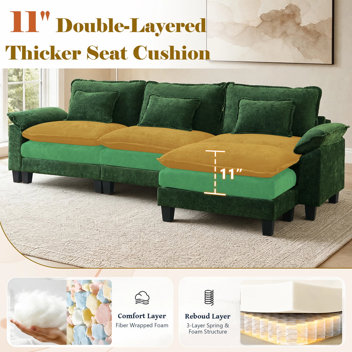 TCGBKAF 117" L‑Shaped Modular Cloud Sectional Sofa, Green Corduroy 3 Seater Couch with Ottoman Lumbar Pillow, 2‑Layer Deep Seat Cushion for Living Room Apartment