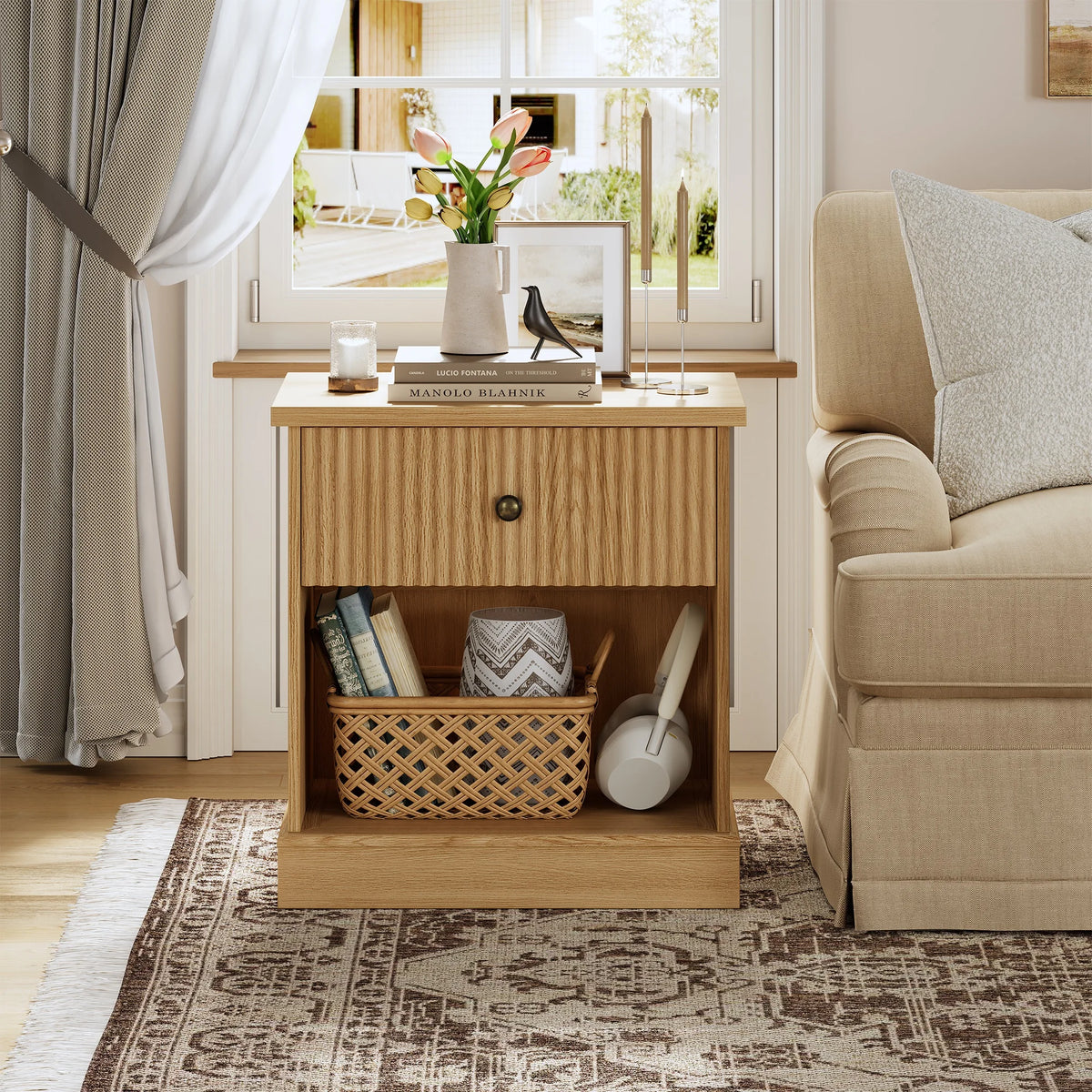 Mid-Century Modern Fluted Bedside Table | Single Drawer & Open Shelf – Natural Oak Finish MDF Bedside Table for Bedroom or Living Room