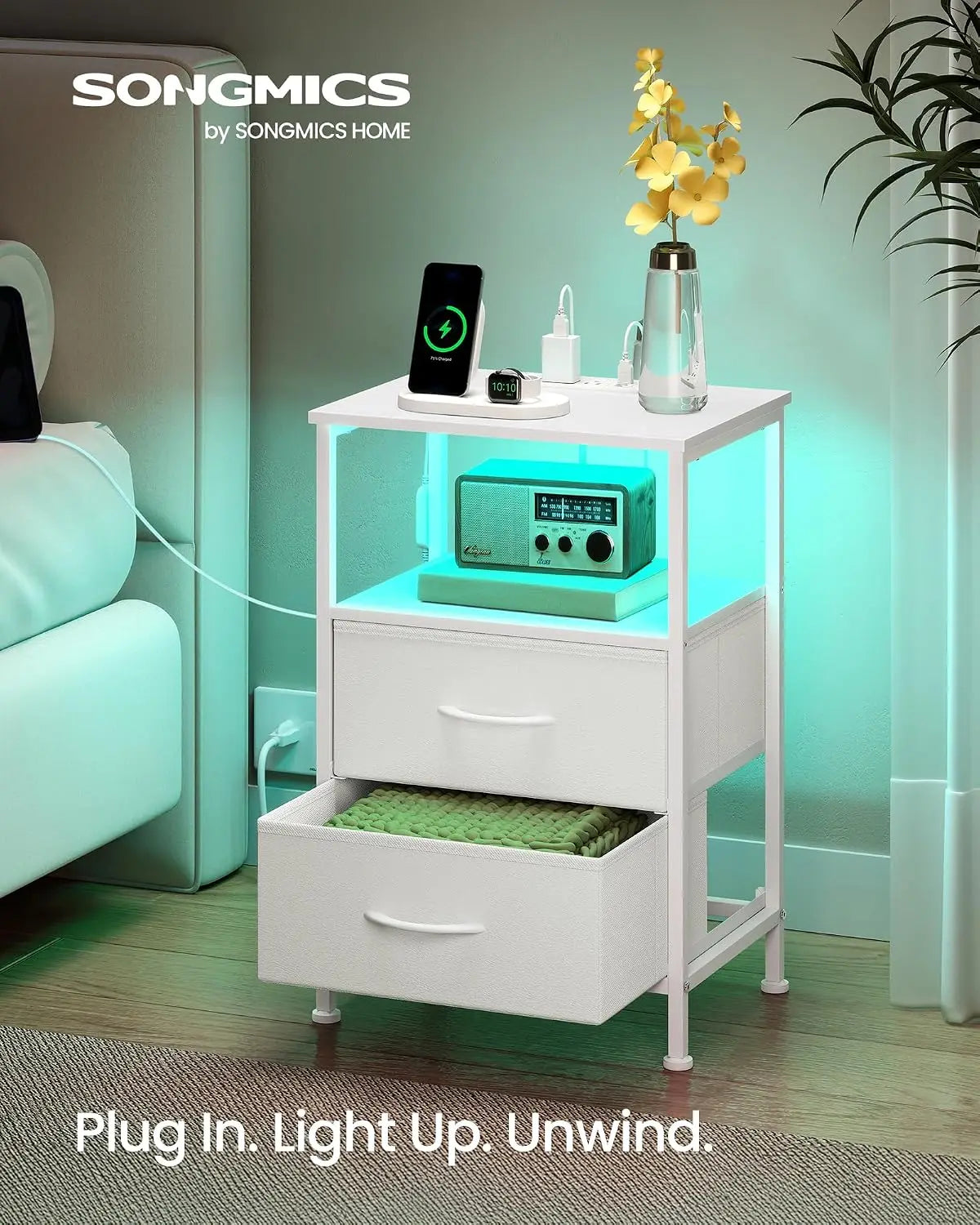 Nightstand Featuring a Built-In Charging Station and Two Fabric Drawers