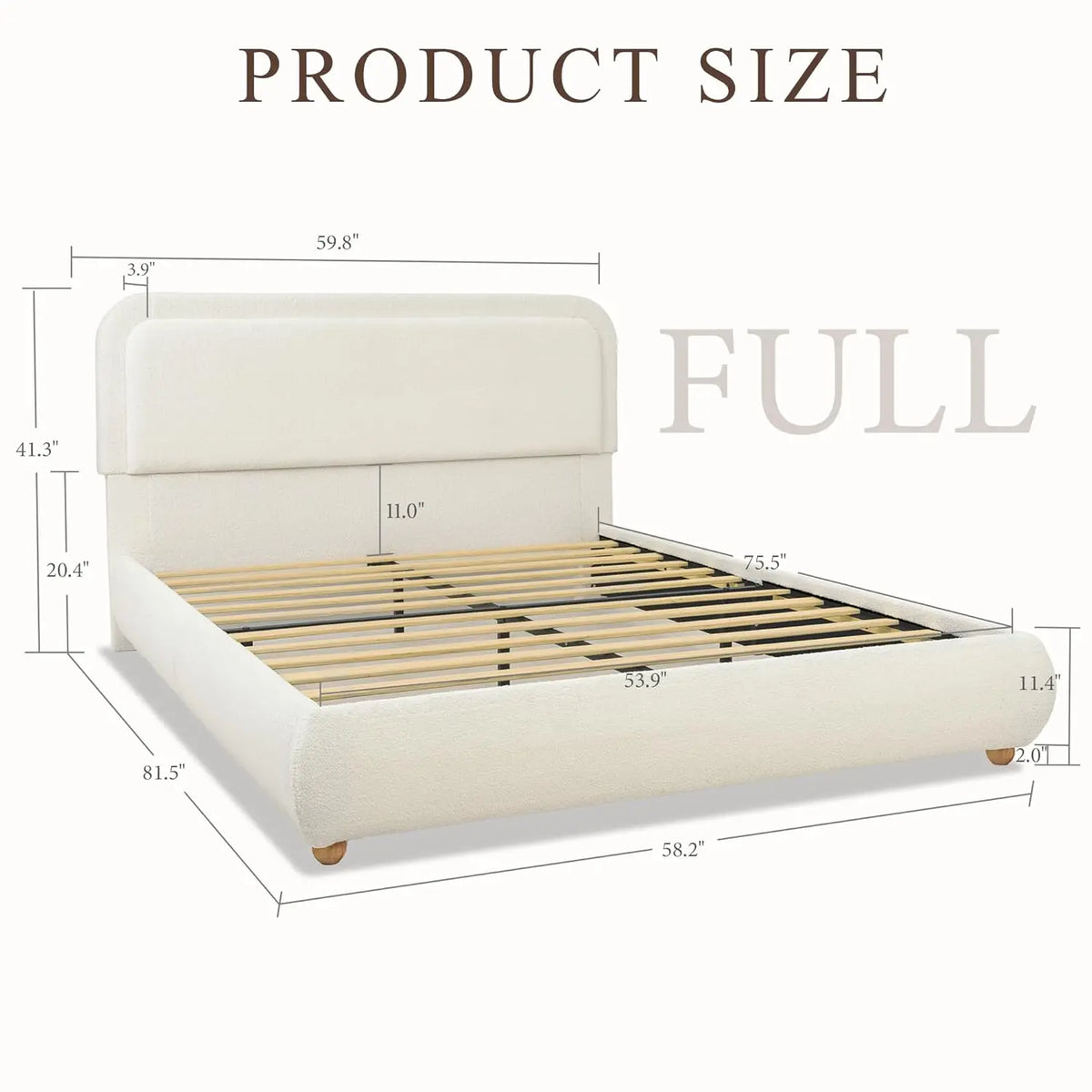 Full Size Upholstered Bed Frame Boucle Rounded Headboard Solid Wood Legs Boho Easy Assembly No Box Spring Needed, Customized