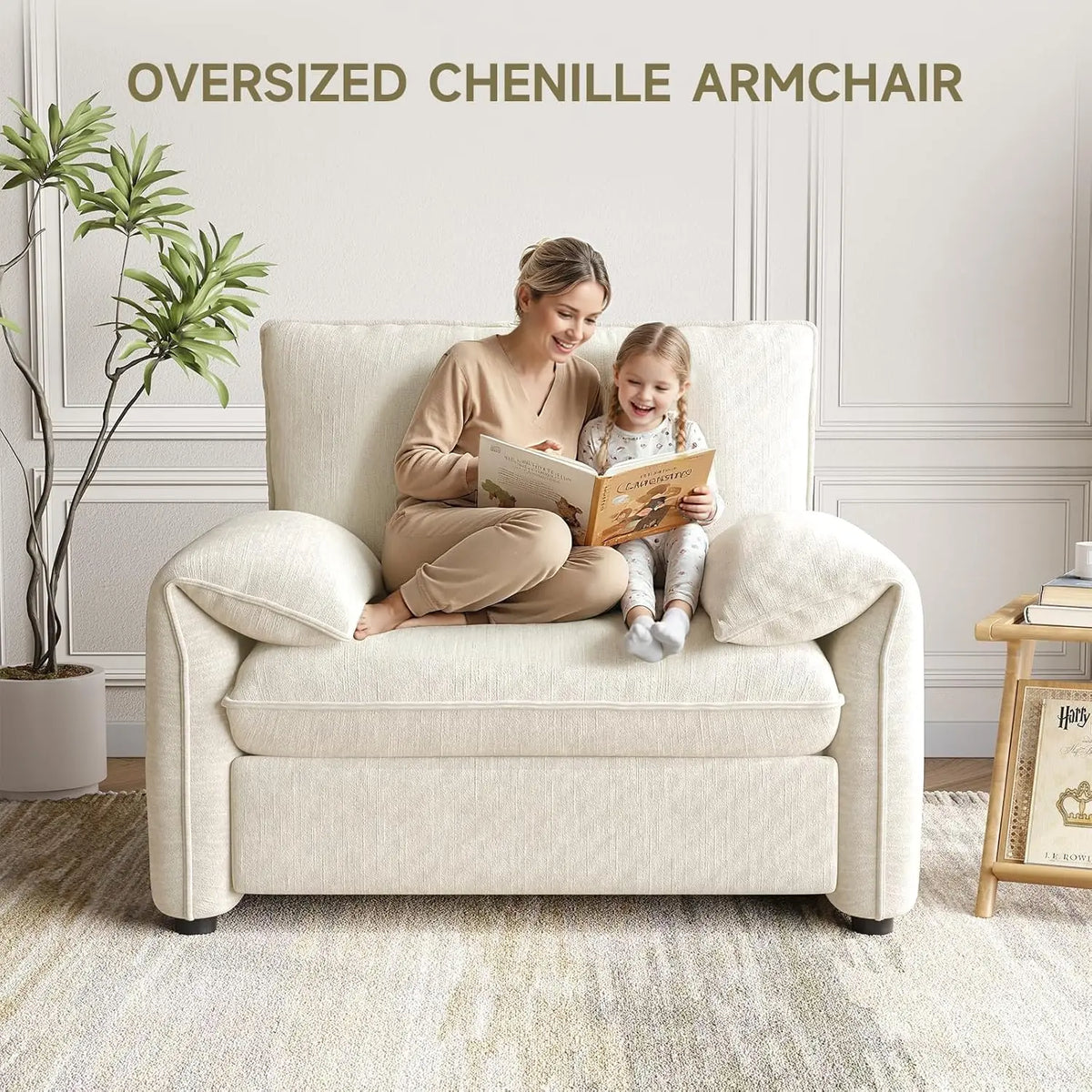 Oversized Plush Chenille Accent Chair - High Back Reading Armchair with Thick Padded Cushion, Modern Living Room Bedroom Lounge Chair