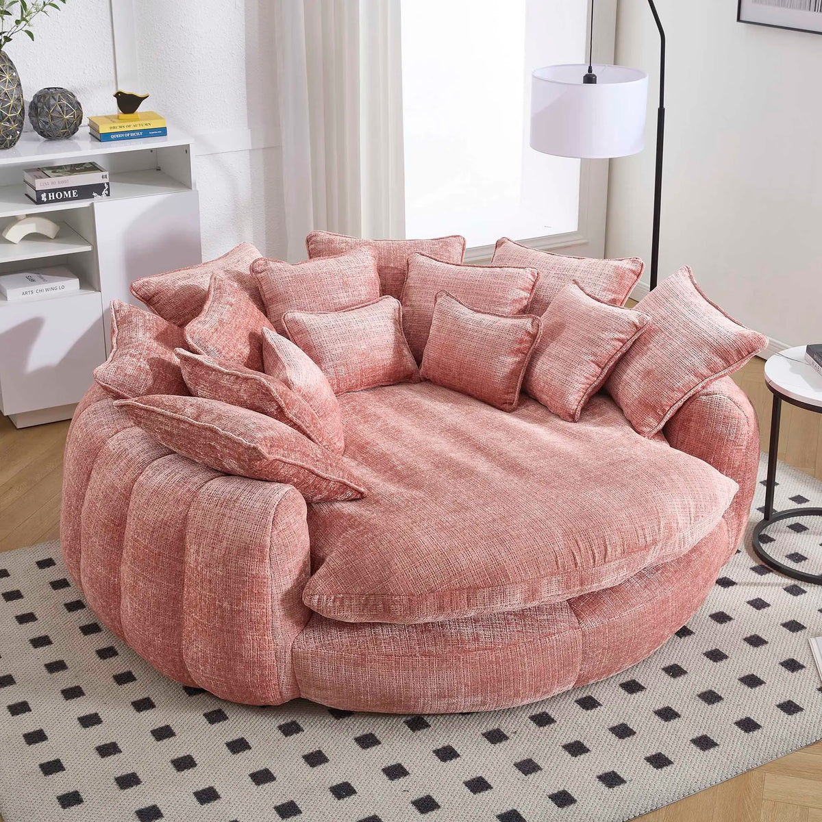81.1" Oversized Round Chaise Lounge Sofa Bed, Chenille Fabric Circle Cloud Couch with 14 Pillows and Backrest, No Assembly Required Modern Sofa for Living Room, Black