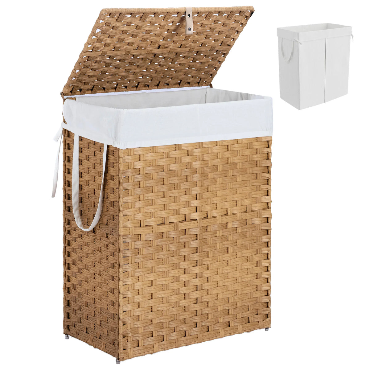 90L Laundry Basket with Lid Foldable Wicker Laundry Hampers with Side Handles Removable Liner Rattan Laundry Basket with Sturdy Steel Frame