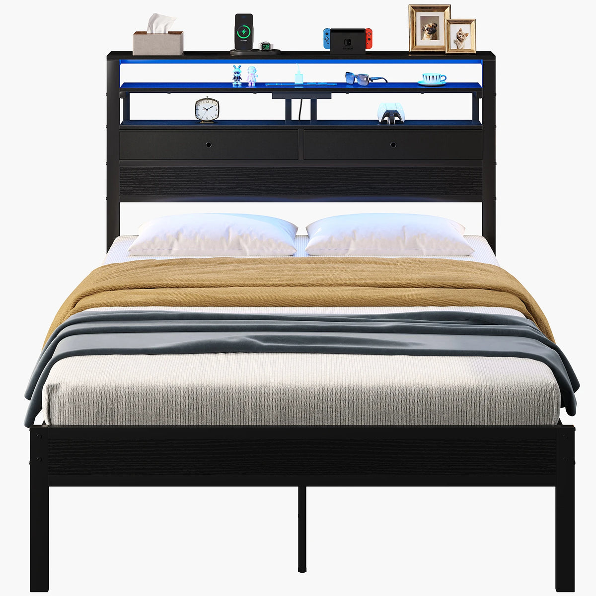 Basic Bed Frame Metal Platform with Storage LED Charging Station Headboard Sturdy Steel Slat Support All Size Bedroom Bed For Home