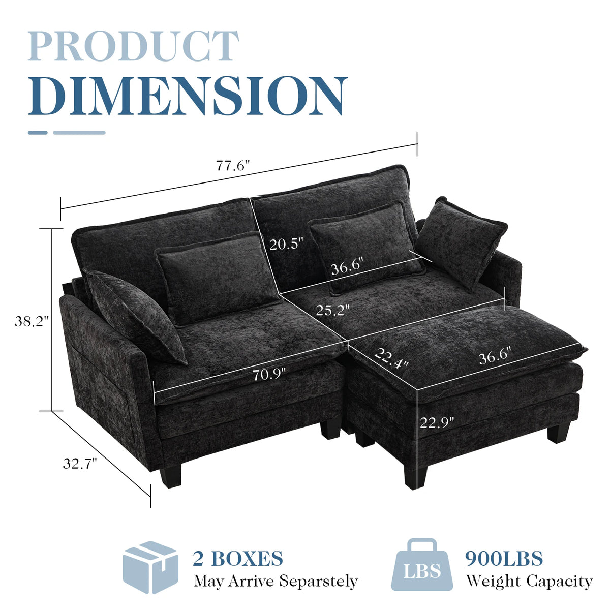 TCGBKAF 77.6 inch L Shape Cloud Couch, 2-Seater Chenille Modular Sectional Sofa with Ottoman, Deep Seat Upholstered Sofa with Pillows for Home Living Room Apartment