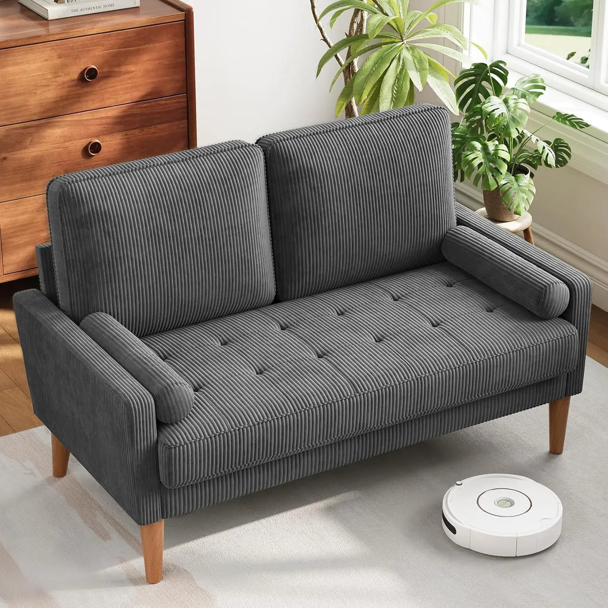 48 Inch Loveseat Sofa - Solid Wood Legs Mid Century Modern Easy Assembly Couch Throw Pillow for Apartment