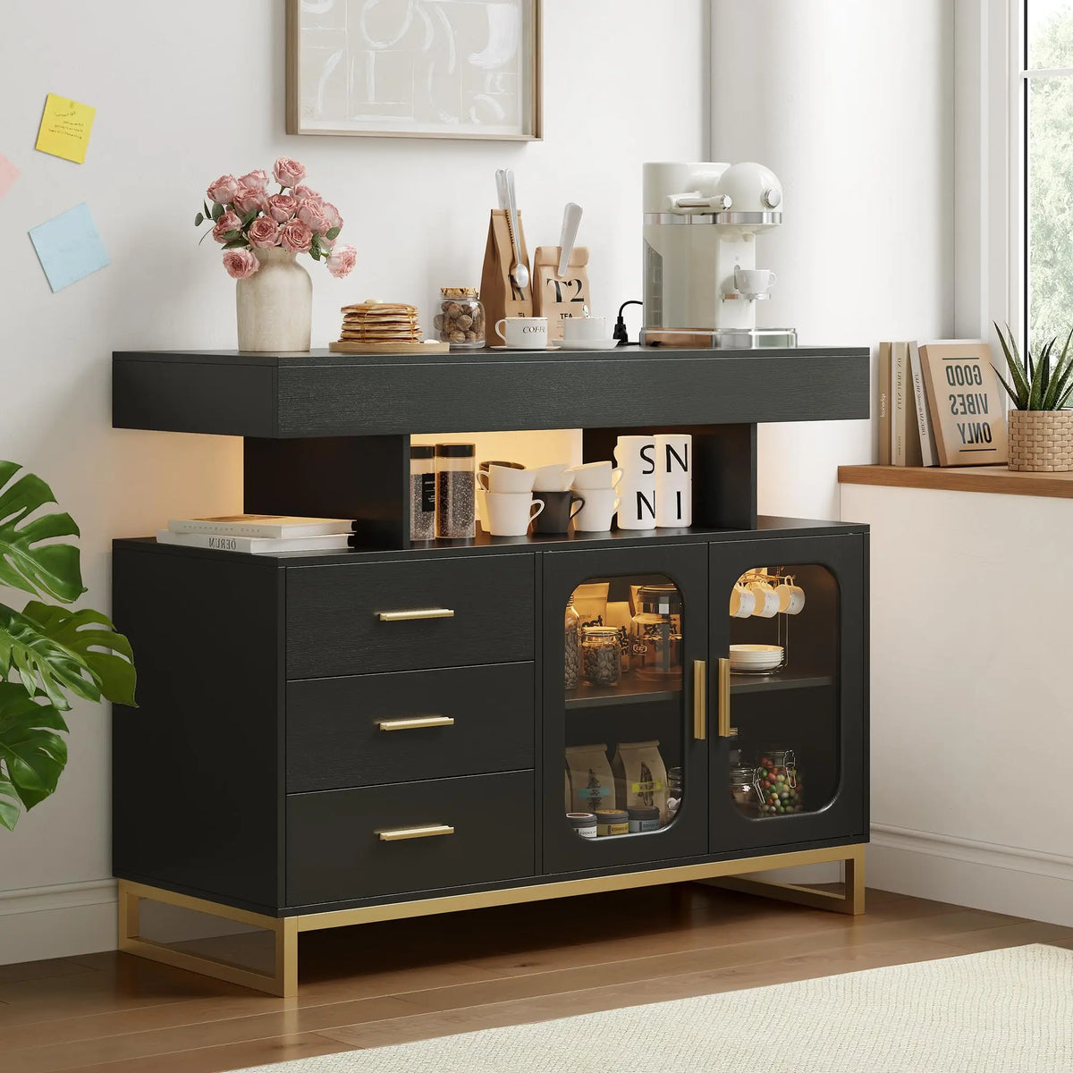 40 Inch Sideboard Buffet Cabinet With RGB LED Lights, Charging Station, 3 Drawers And 2 Doors, Coffee Bar Storage For Kitchen Living Room