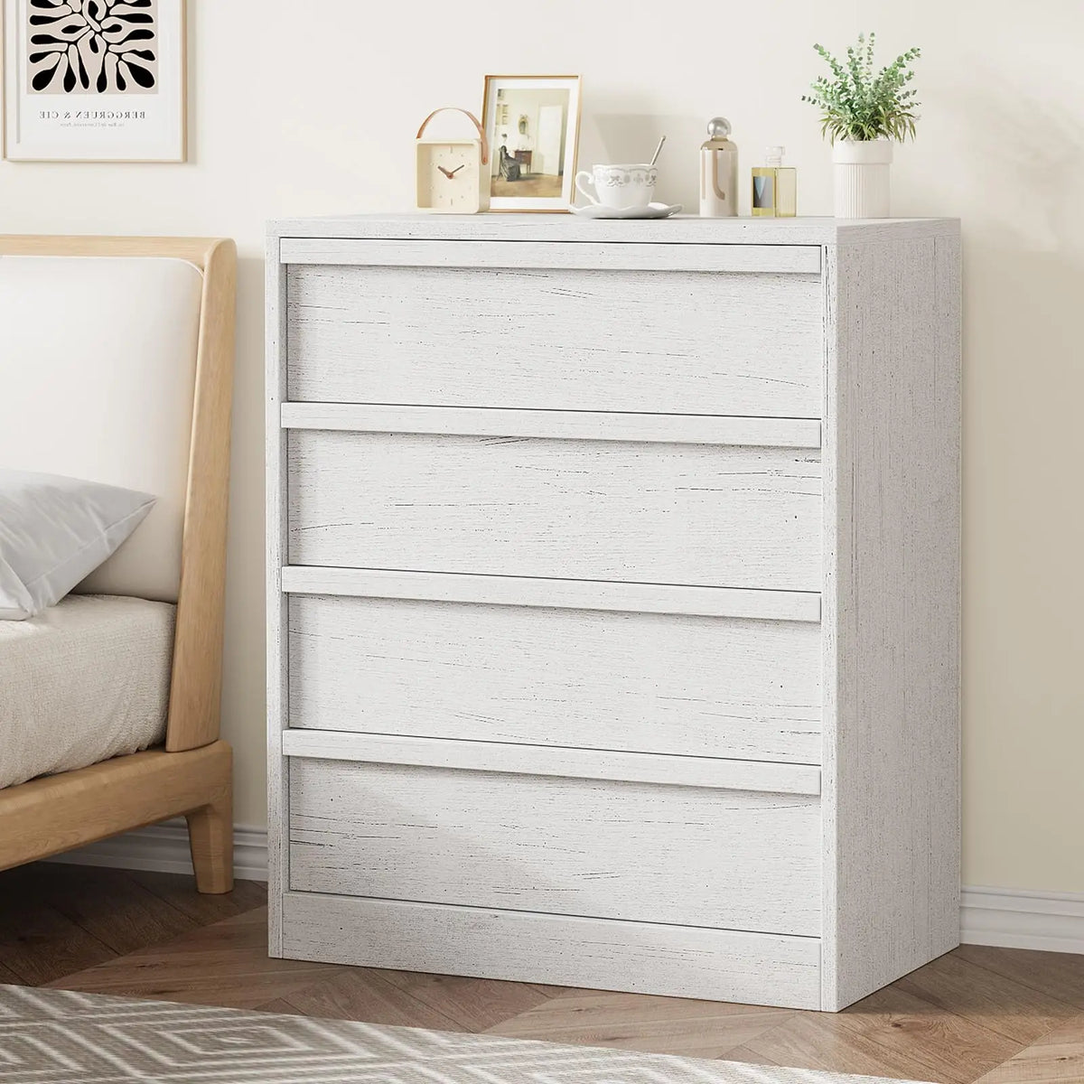 4 Drawer Nightstand Wooden Bedside Table With Large Storage, Modern End Side Cabinet For Bedroom