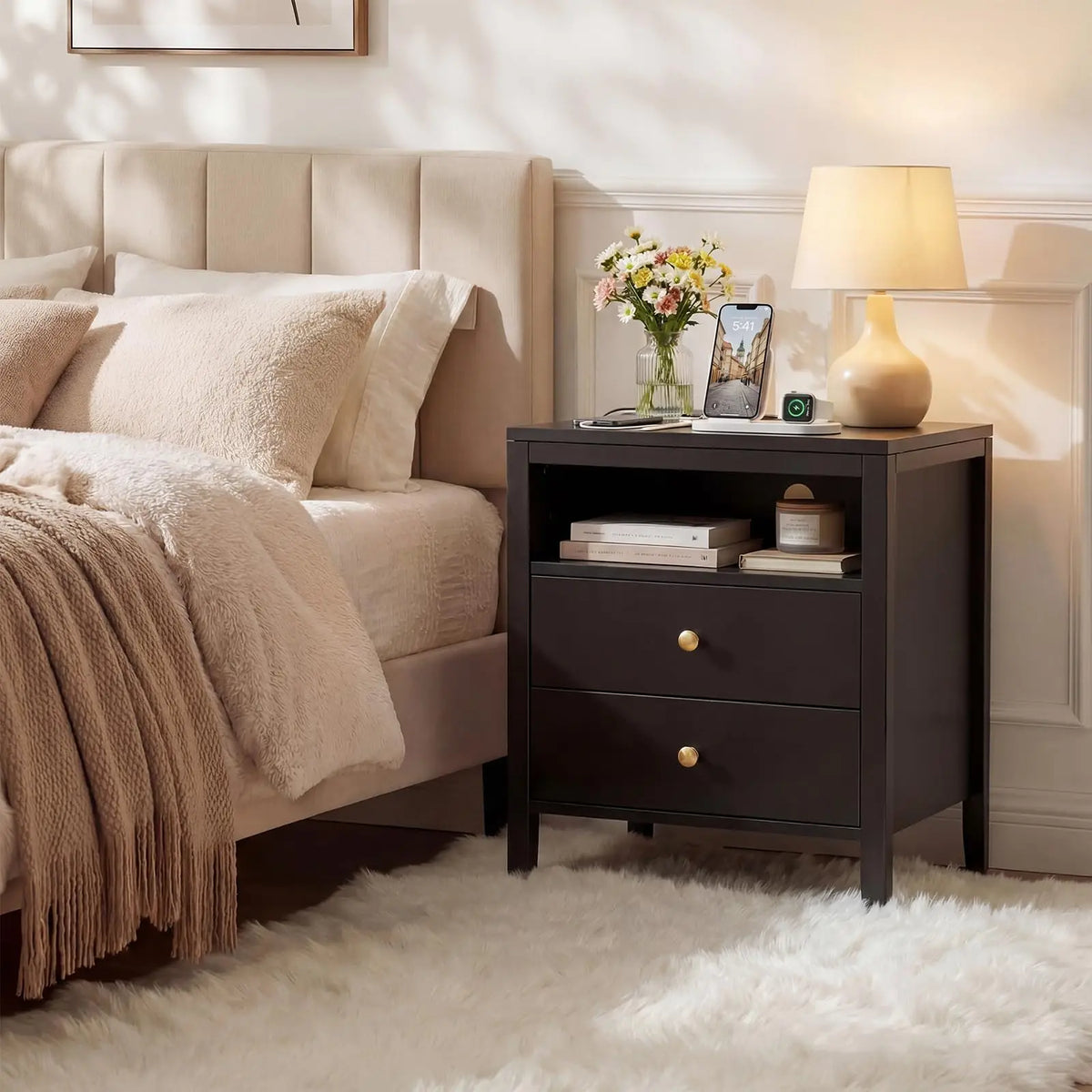 Farmhouse Nightstand Set Of 2 With Charging Station