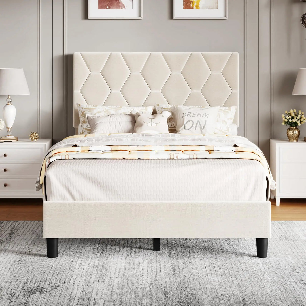 Upholstered Platform Bed with Padded Headboard - Sturdy Wooden Slats - No Box Spring - Silent Non-Slip Base - Easy Assembly - Grey/Beige