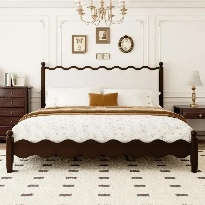 Wood Bed Frame King with Vintage Wave Headboard, 48" Tall Leather Upholstered Bed Frame, Mattress Foundation, No Box Spring Need