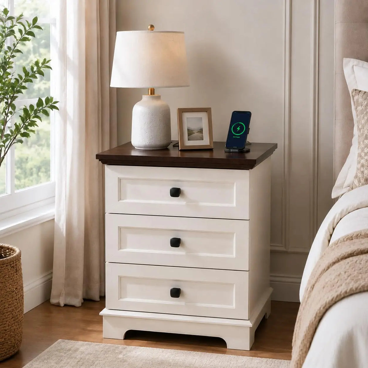 White Nightstand Farmhouse Night Stand with Charging Station,20'' Narrow Nightstand Side Table Wood End Table with 3 Drawers for Bedroom,Bedside Table with Power Outlet, USB, Type-C Ports