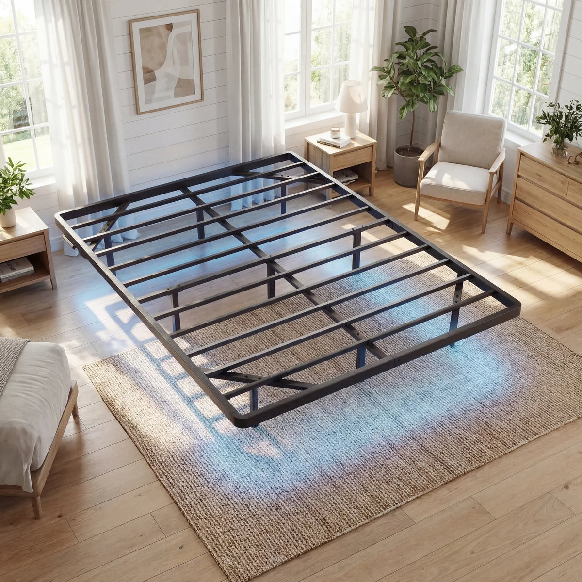 Heavy Duty Floating Bed Frame with Smart LED Lights and Charging Station, No Box Spring Needed  Twin/Full/Queen/King