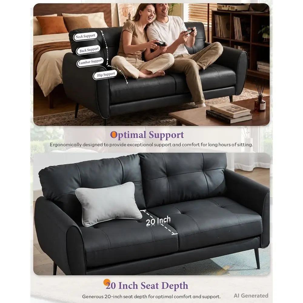 Sofa Couch 61" Small Loveseat Couches or Living Room, Black aux Leather Couch Century ern Tufted Mini Sofa