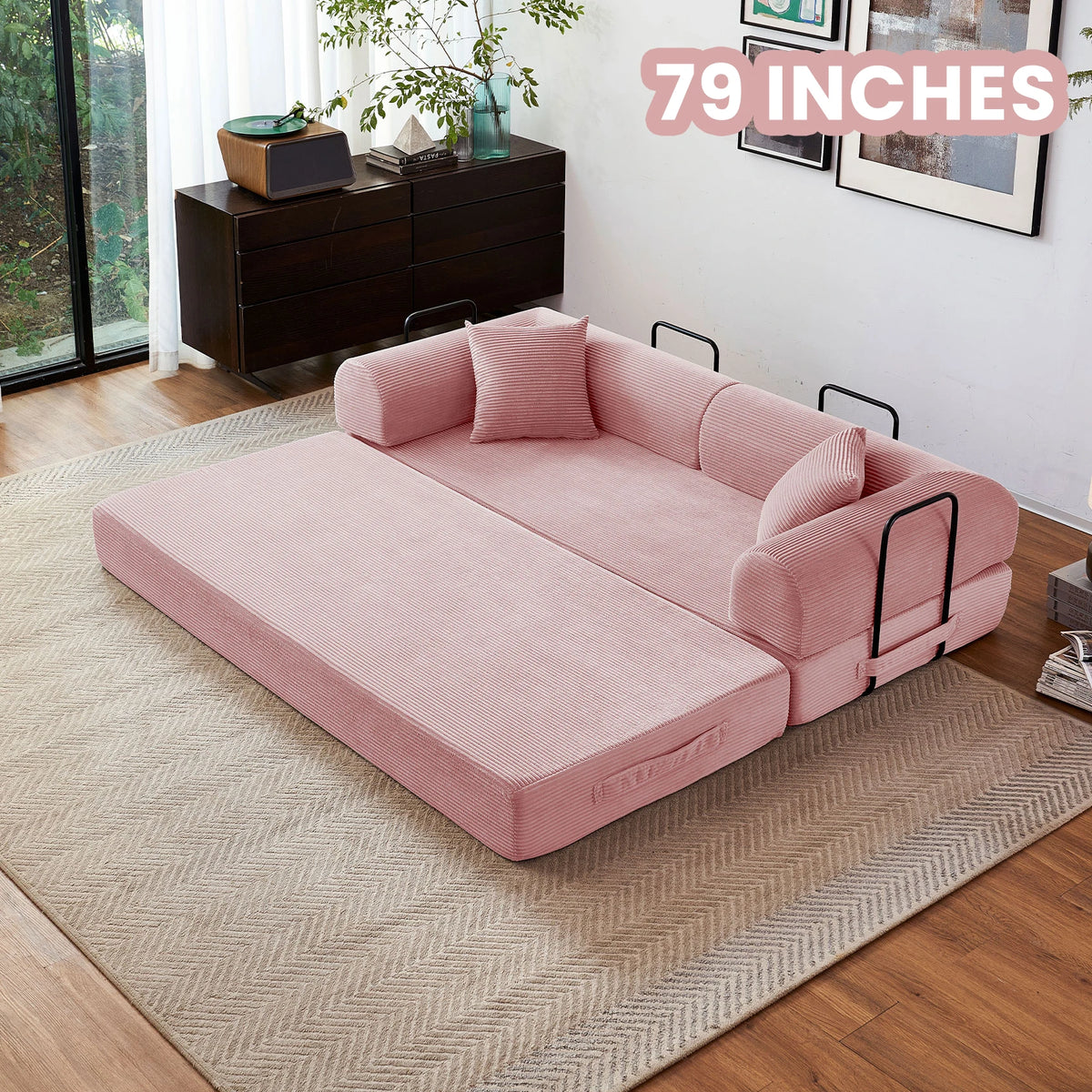 79'' Boneless Couch Foldable Convertible Futon Sleeper Sofa Bed Floor Lounge with L-Shaped Armrests for Living Room Sofas
