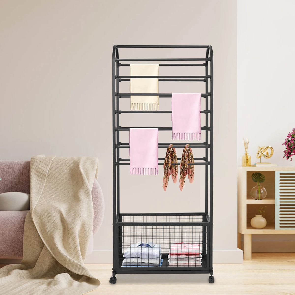 Rolling Ribbon Holder Organizer Rack 15 Rods Iron Ribbon Holder with Storage Basket for Wrapping Paper Ribbons Scarves Clothes 70*30*165cm