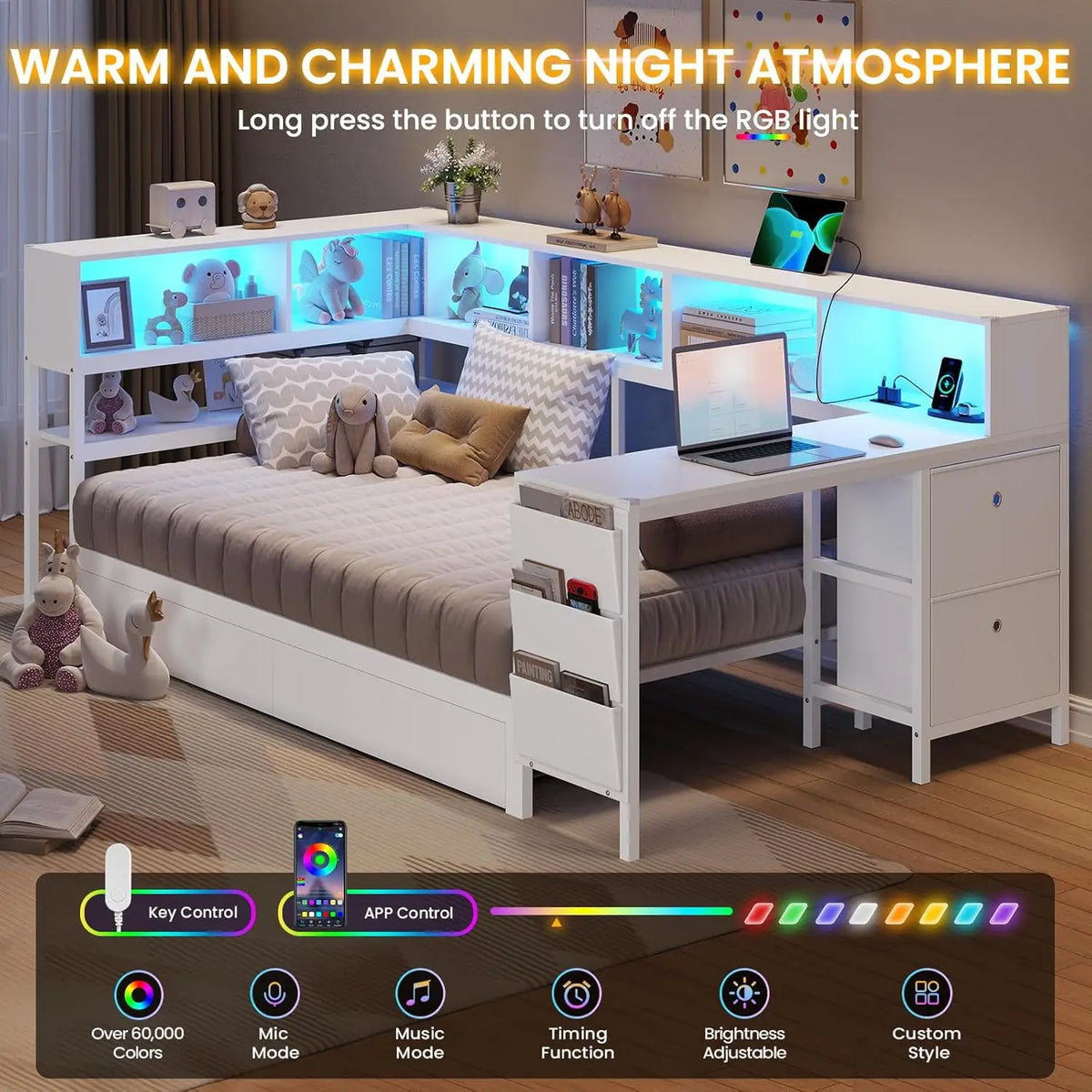 Corner Twin Bed Frame With Desk, Charging Station And Bookcase Storage Metal Platform Bed Frame With Storage Drawers And Led Light
