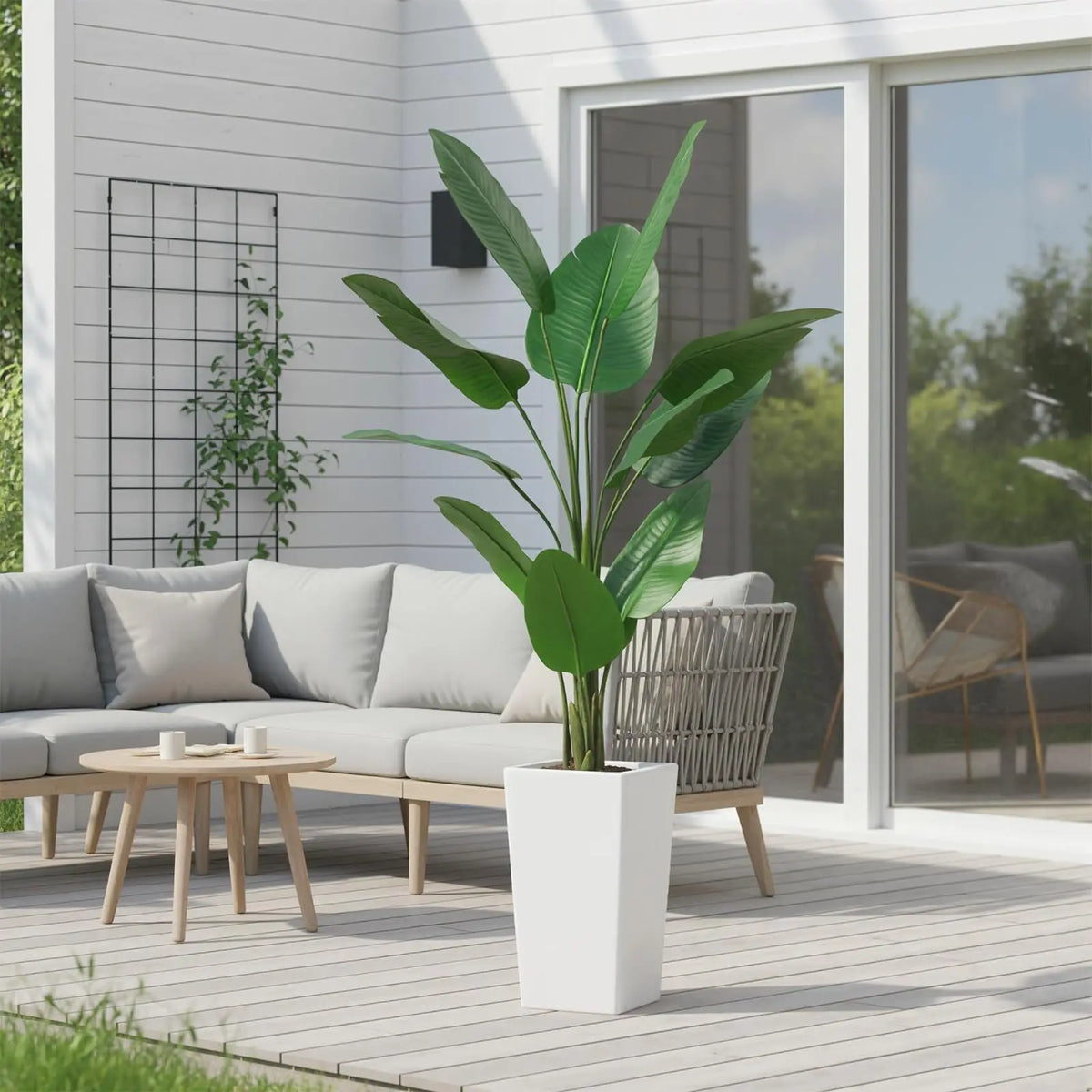 4.8FT Faux Banana Tree Artificial Plant, Fake Potted Tropical Evergreen with Tall White Planter for Living Room, Entryway, Porch