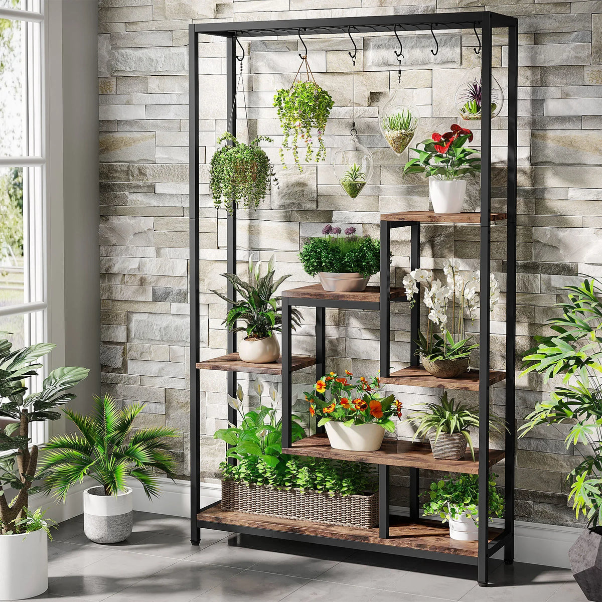 5 Tiers Tall Indoor Plant Stand 70.9 inches Large Metal Plant Shelf with 10 PC S Hanging Hooks for Garden