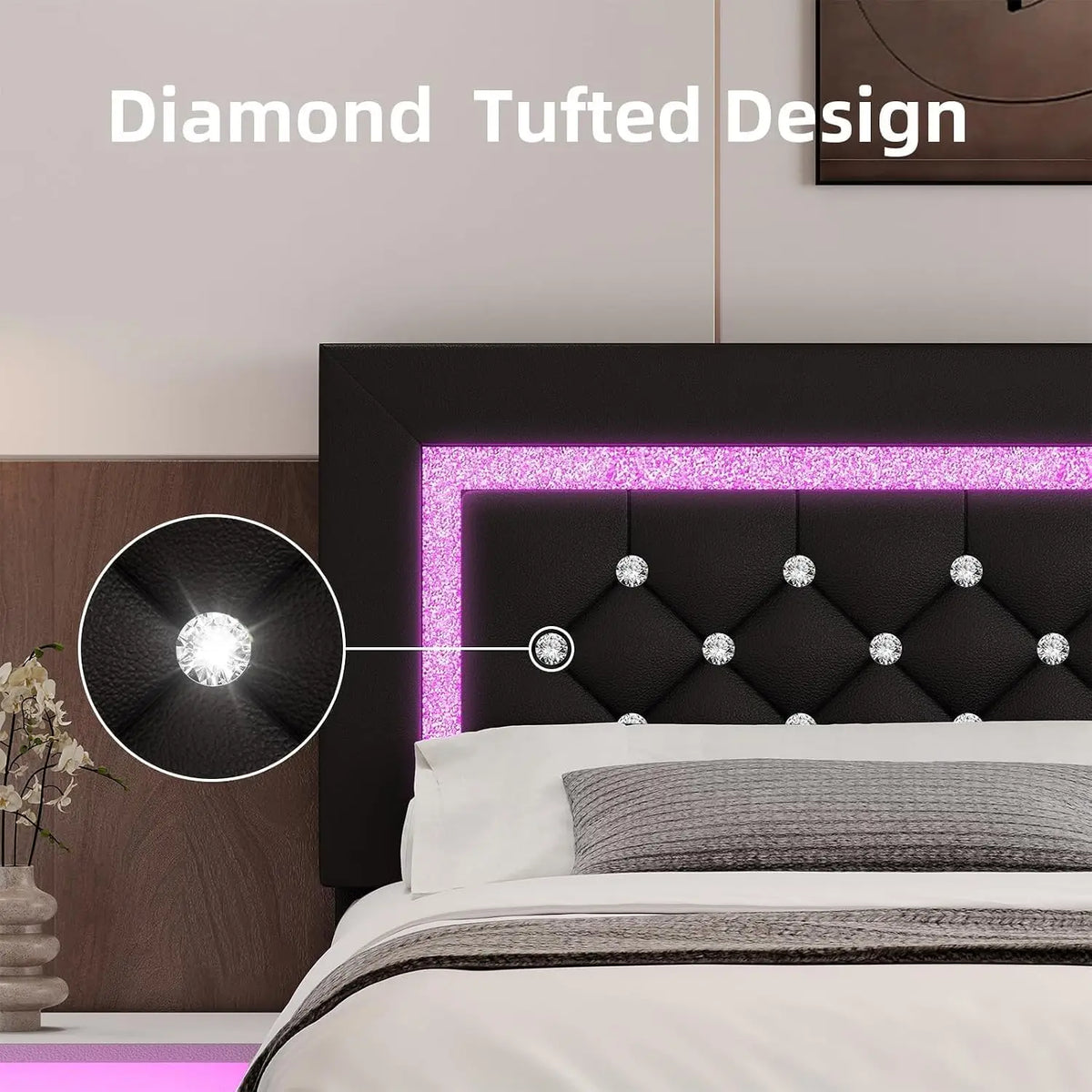 Queen Bed Frame LED Diamond Tufted Headboard Black, Customized