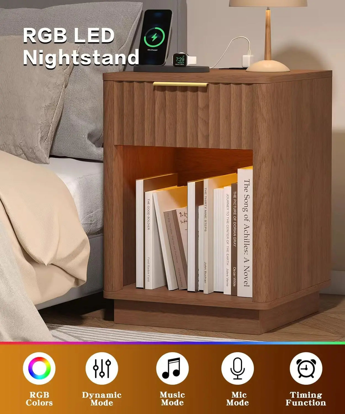 Walnut Fluted Nightstands Set of 2, Bedside Tables with Charging Station