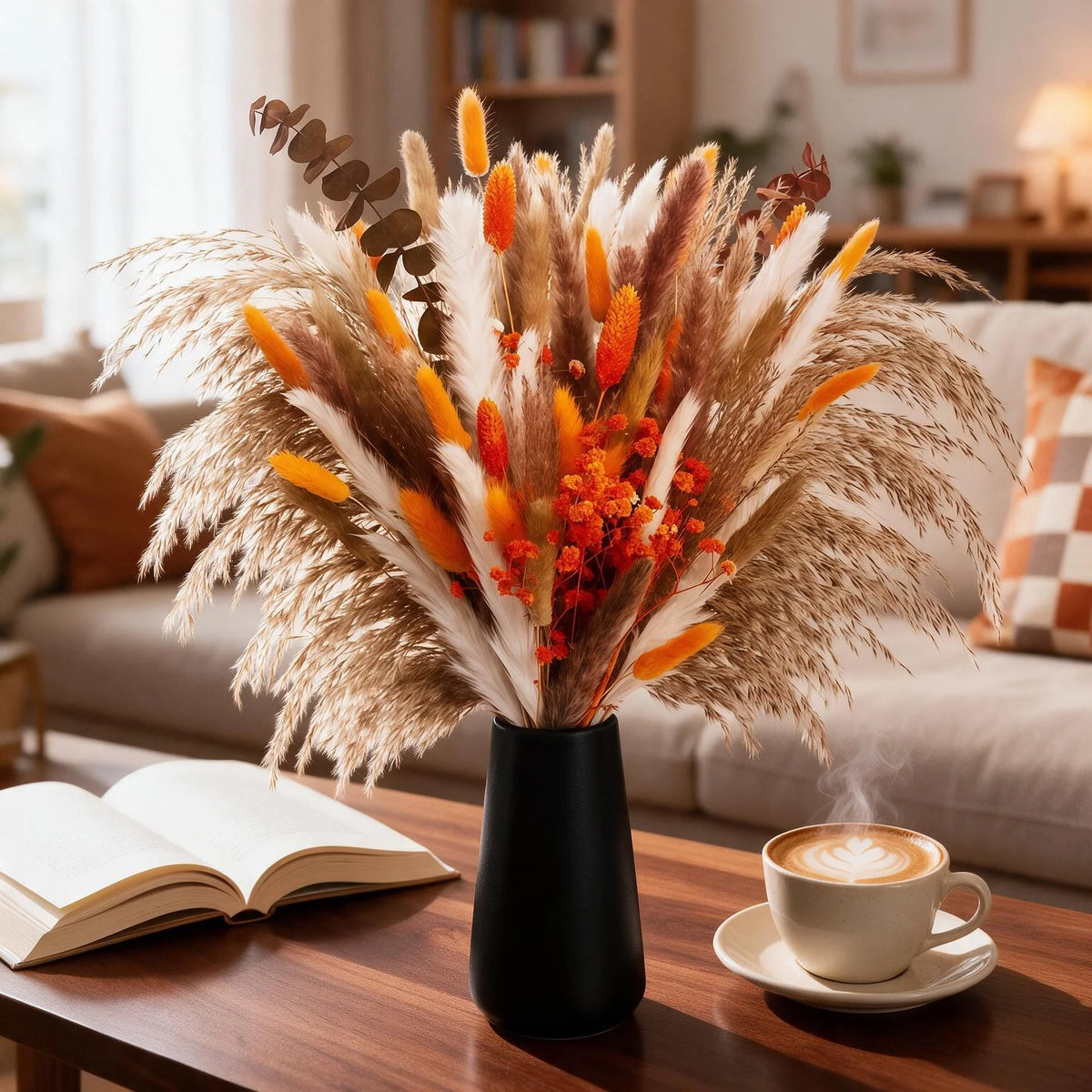 90PCS Pampas Grass Bouquet 17.5in Mixed Dried Flowers Natural Broomcorn Bunny Tails Red Eucalyptus White Pampas Orange Babys Breath Gem Grass Boho Fall Home Decor Wedding Centerpiece Table Arrangement Vase Filler Farmhouse Bo