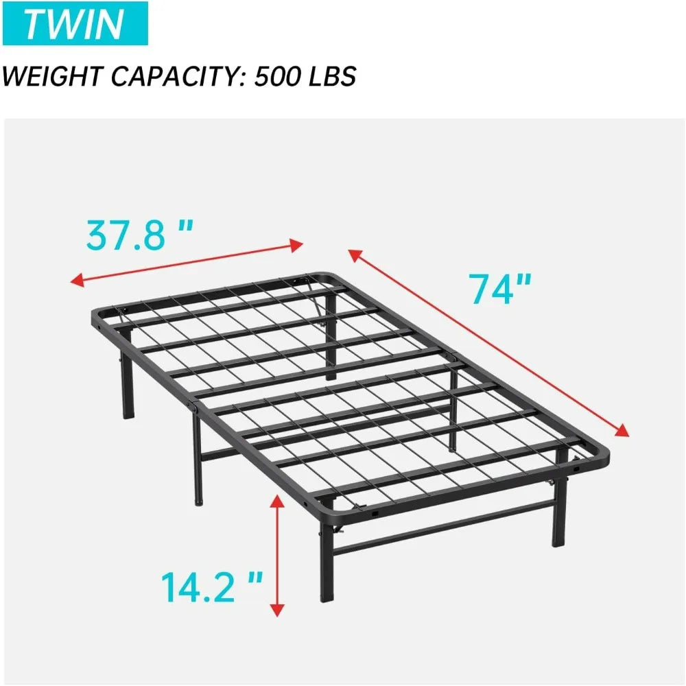 Twin Metal Foldable Bed Frame Heavy Duty Steel Slats 6 Legs No Box Spring Easy Assembly Under-Bed Storage For Home