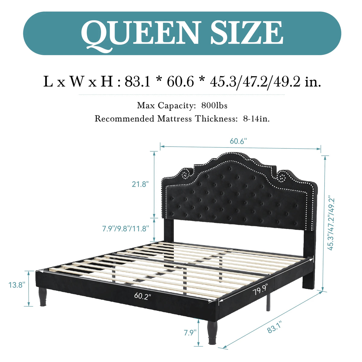 Full/Queen/King Size Velvet Bed Frame with Adjustable Tiara Headboard, Diamond Tufted Upholstered Platform Bed
